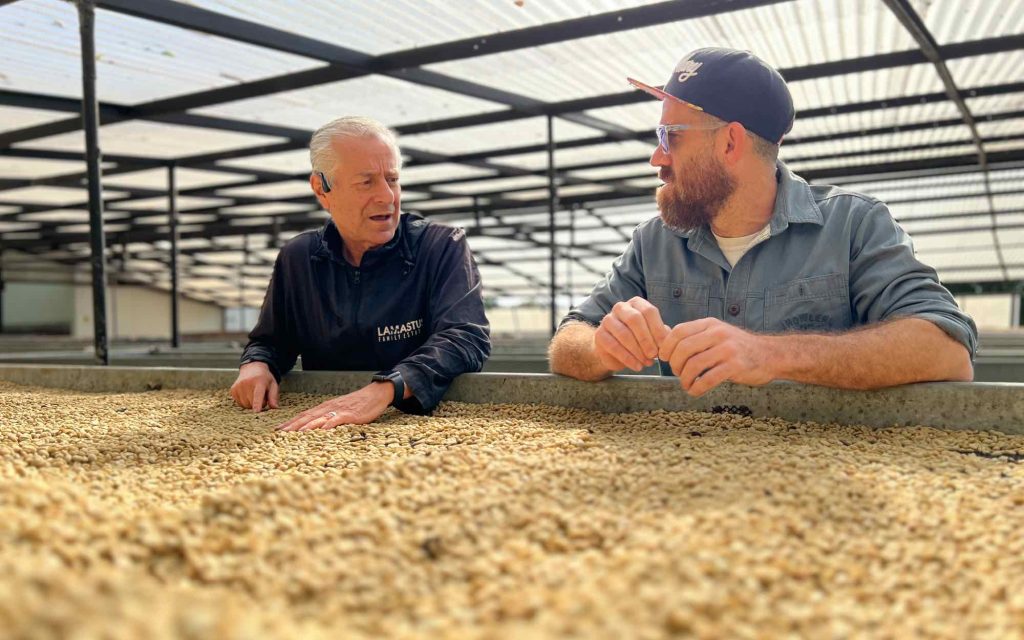 Two coffee farmers inspect a type of rare coffee in Latin America.